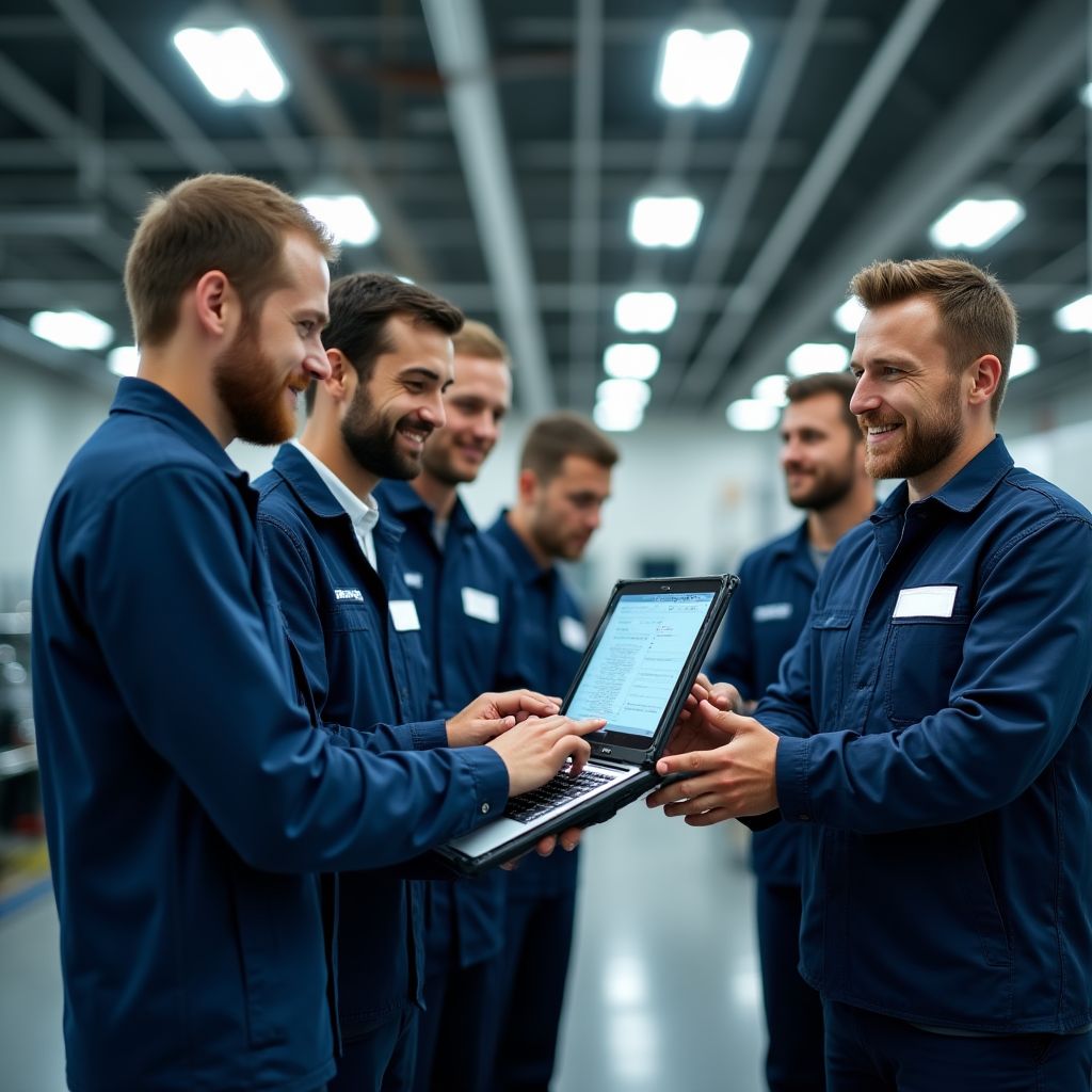Equipo de técnicos trabajando en taller moderno